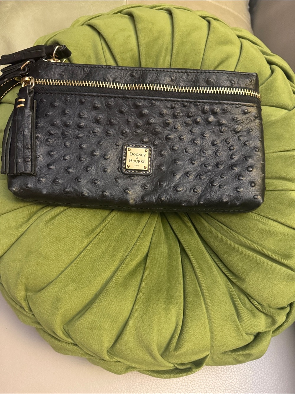 Dooney & Bourke Black Ostrich-Embossed Leather Wristlet with Tassel